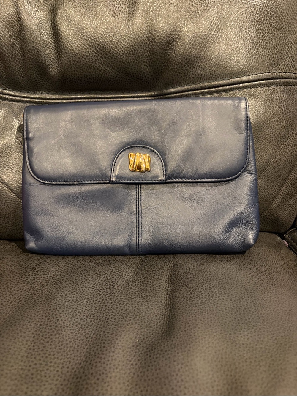 Cabin Creek Leather Navy Blue Clutch with Gold Emblem